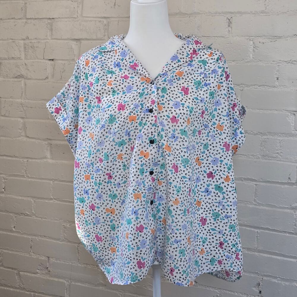 Vintage Cascais Women's 20W, Retro Print Short-Sleeve Button Up Top: Grandmacore